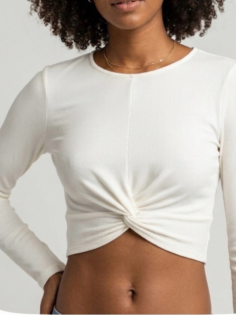 Love Tree Ivory Long Sleeve Twist-Front Crop Top